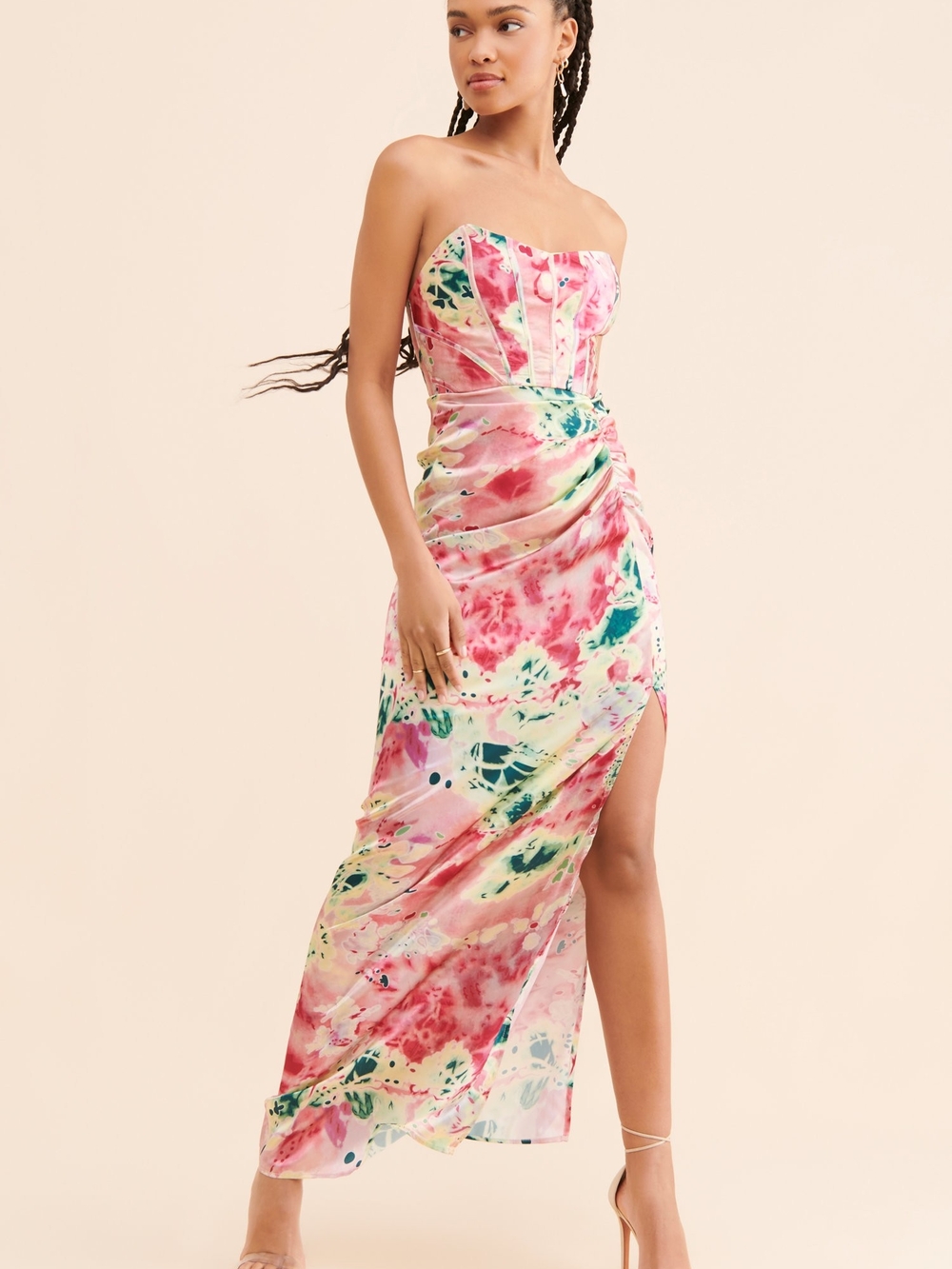 Anthropologie Srapless Tie-Dye Ruched Midi Corset Dress - Pink Floral Tropical